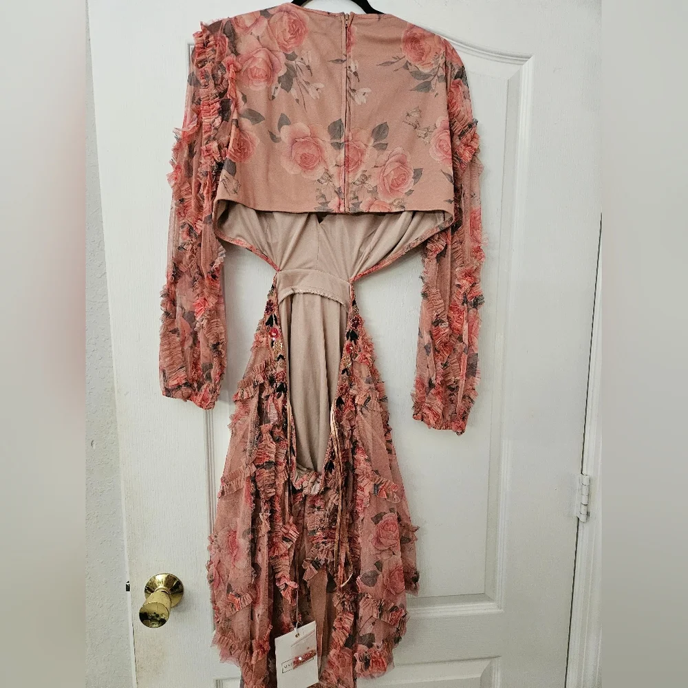 Mac Duggal Long Sleeve V Neck Cut Out Mesh Mini Dress SZ 12 NWT A9151 - Picture 6 of 11